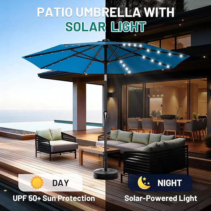 AreShark 9FT Patio Umbrella with Solar Lights, 32 Lighted Pool Umbrella w/Tilt and Crank, Outdoor Market Solar Umbrellas for Garden, Deck, Backyard, Pool and Beach, Royal Blue