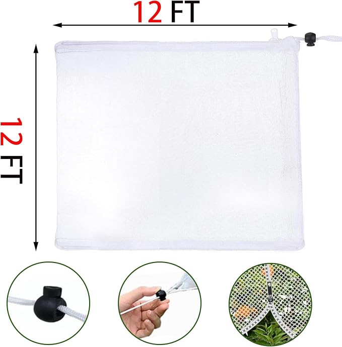 12'x12' Large Fruit Tree Netting with Zipper - 2PC Protects Fruit from Squirrels, Birds & Pests, Heavy-Duty Tree Covers for Fruit Trees (White)