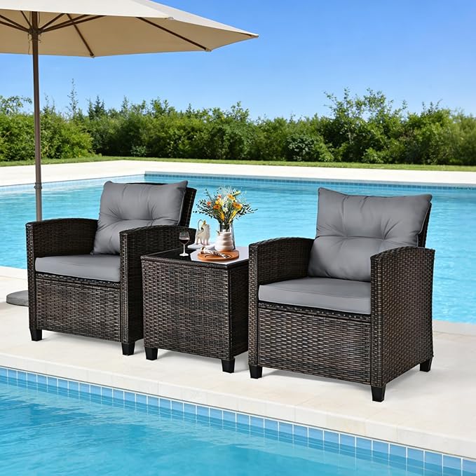 COSTWAY 3PCS Patio Furniture Set, PE Rattan Wicker Sofa w/Washable Cushion and Coffee Table, Tempered Glass Tabletop, Outdoor Conversation Set for Balcony, Porch, Yard, Backyard, Lawn (Grey)