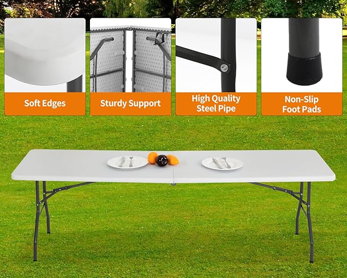 BestOffice Camping Folding 8 Foot Plastic Table, White