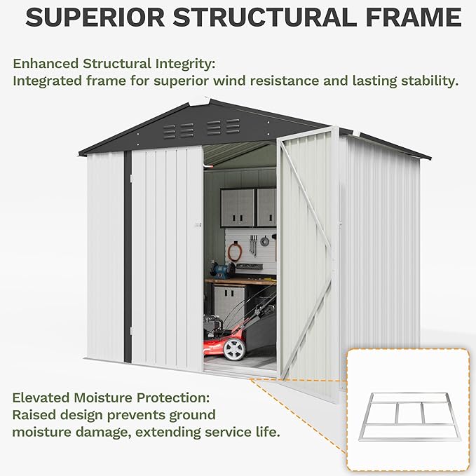 Greesum 8x6FT Outdoor Storage Shed with Base, Utility Tool Shed with Sloping Roof, Metal Storaged Garden Shed with Door & Lock for Patio Storage, White