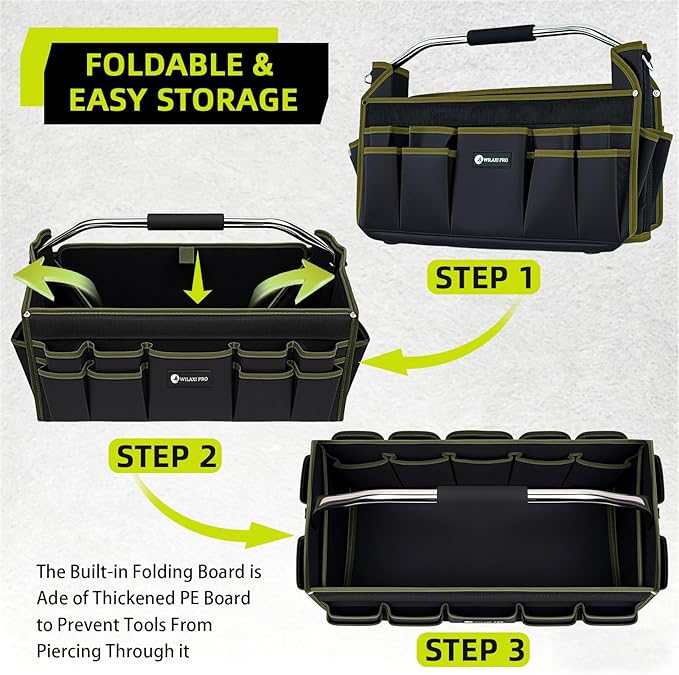 22in Tool Bags For Men Heavy Duty, 33 PCS Pockets Tool Bag Organizer Foldable Open Top Tool Bag With Handle, Wide Mouth Electrician Tool Tote, Green