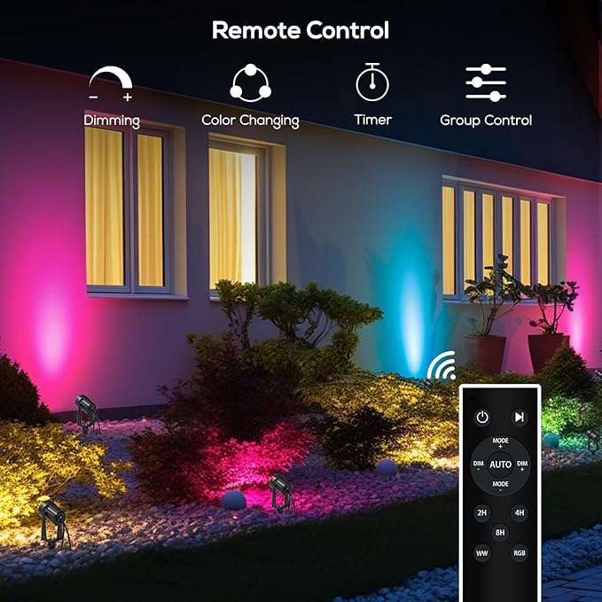 SUNTHIN Outdoor Landscape Lighting with Remote, RGBW Color Changing Spot Uplights, 8 Pack