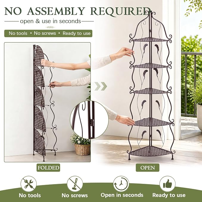 Gisafai 5 Tier Outdoor Corner Plant Stand, Corner Bakers Rack, No Assembly Required Metal Corners Shelf, for Patio Garden Balcony Indoor Outdoor Decor(Rustic Brown)
