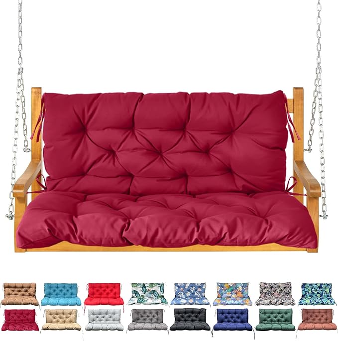 Porch Swing Cushion with Backrest,Waterproof Bench Cushion for Outdoor Furniture,2-3 Seater Replacement Thickened Swing Cushion with Ties,Patio,Outdoor,Backyard and Garden (Wine Red,60x40)