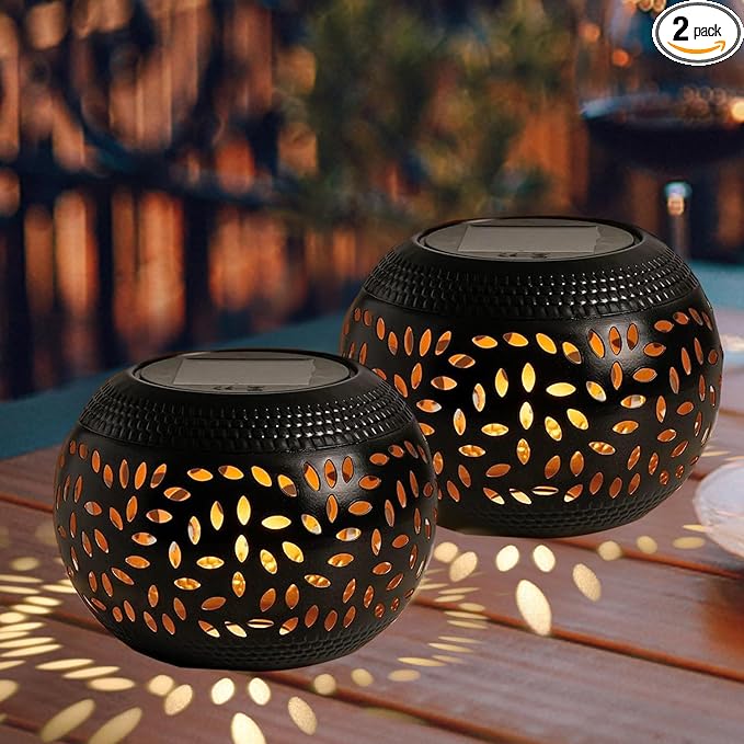 Solar Table Lanterns Outdoor Waterproof - 2 Pack LED Lamp Black Metal Tabletop Light Solar Powered Decorative Lantern for Indoor Desk Bedroom Patio Garden Pathway Yard(2 Pack)