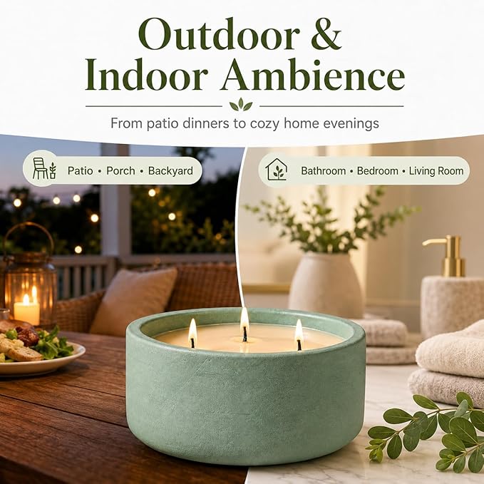 20oz Large Scented Candle Outdoor - Citronella & Bergamot, 3 Wick Non Toxic Soy Scented Candles Indoor, Green Decorative Ceramic Jar Candle for Women, Men, Patio, Home, Bedroom, Bathroom, Living Room