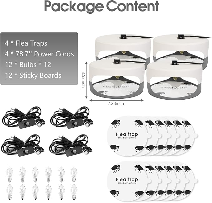 Flea Traps for Inside Your Home, 4 Pack Original Indoor Flea Light Bed Bug Killer w/ 12 Sticky Pads & 12 Light Bulb Refills Replacement, Odorless Insect Infestation Treatment Trap Lamp for Kid Pet