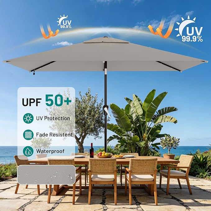 AreShark 6.5' x 10' Rectangular Patio Umbrella with Solar Lights, Solar Powered Lighted Market Umbrella w/Tilt and Crank, Outdoor Table Umbrella for Garden, Deck, Backyard, Pool and Beach, Light Gray