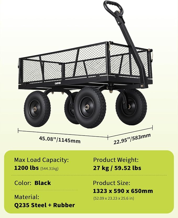 Garvee Versatile Outdoor Utility Cart-1200LBS Heavy-Duty, 13" All-Terrain Pneumatic Tires, Vehicle-Connectable, Easy Maneuverable Lawn Cart with Removable Mesh Panels for Gardening & Landscaping,Black