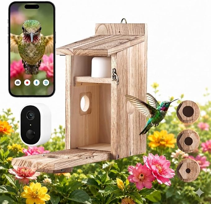 Smart Bird House with Camera, Wooden Birdhouse for Outdoor Bird Watching, App Live View, Color Night Vision, Motion Detection, 2-Way Audio, Waterproof Bird Nesting Box