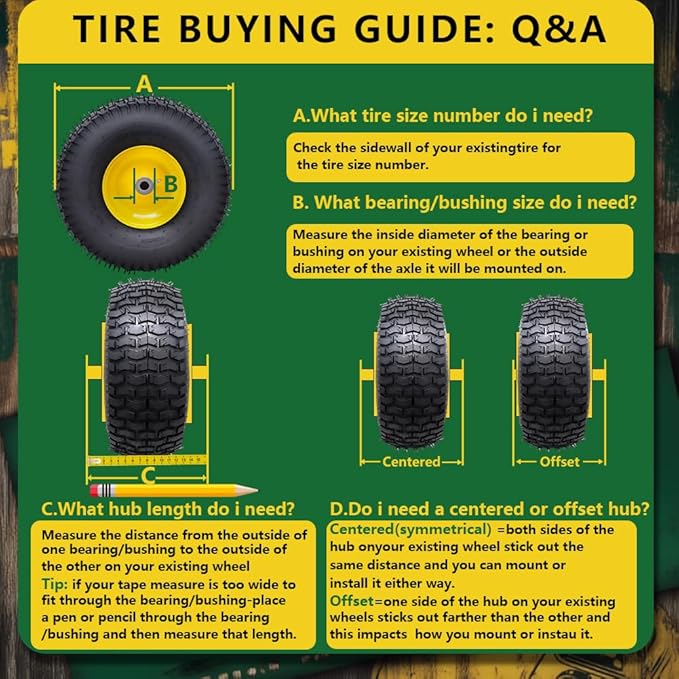 15x6.00-6 Tubeless Tire and Wheel Assembly(2 Pack) ，Replacement Riding Lawn Mower Front Tires,Compatible withRiding Mowers and Lawn Tractor, 3" Centered Hub and 3/4" Bushings（Yellow)
