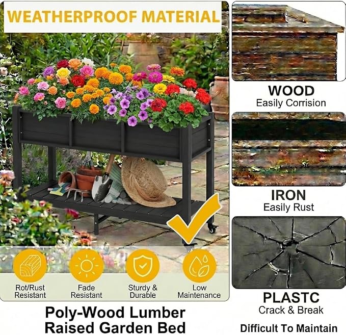 DWVO Raised Garden Bed HDPE with Wheels & Legs, 47x18x31in Weather-Resistant Poly-Wood Elevated Planter Box Outdoor, Double Tier Planters for Patio Balcony Backyard, Black