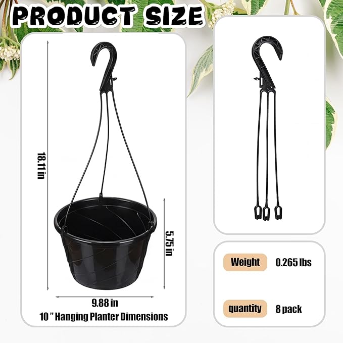 8 Pcs 10 Inch Modern Euro Swirl Hanging Planter Uv-Resistant Plastic Hanging Basket Smart Drainage Lightweight Indoor Outdoor Flower Pots for Garden Porch Balcony Patio Home Decor (Black)