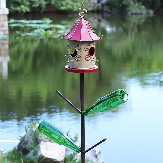 59" H Bird House Bottle Tree for Outdoor Garden, Rust-Proof Metal Bottle Tree Stand, Garden Decorative Bottle Stand