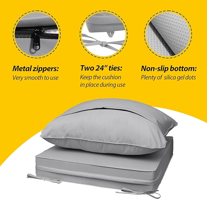AAAAAcessories Outdoor Seat Cushions for Chairs, Fade-Resistant, Waterproof Patio Furniture Replacement Cushions, 21" x 19" x 3" + 21" x 19", Gray