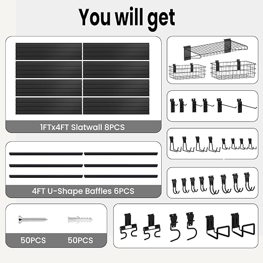 SMARTSTANDARD Slatwall Panel 4x8 FT, Garden Wall Organizer with 31 Garden Tool Hooks & Baskets,Heavy Duty PVC Slat Wall Panels for Gardening, Easy to Install & DIY Cutting (Black)