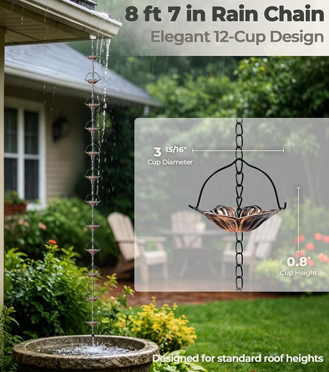 Copper Rain Chain for Gutters, 12 Cup Lotus Decorative Water Feature, 8FT 7IN Adjustable Metal Chain Rain Diverter for Outdoor Garden Décor with Crystal Accent