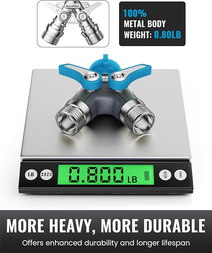 RAINPOINT Garden Hose Splitter, 2 Way Heavy Duty Water Hose Y Spigot Splitter with Shutoff Valves, 100% Metal Body Outdoor Faucet Splitter, 1.9" Extra Long Metal Handle, 3/4" GHT Thread (2, Blue)