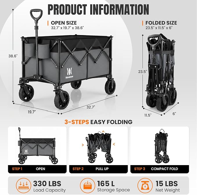 Navatiee 165L Collapsible Folding Wagon, Large Foldable Wagon with Silent All-Terrain Wheels, 330Lbs Heavy Duty Utility Grocery Cart for Camping Shopping Outdoor, Gray