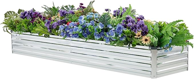 Meberam 2 Pack 8x2x1FT Galvanized Raised Garden Bed Kit, Outdoor Metal Planter Box for Vegetables, Bottomless Rectangular Gardening Bed with Support Rods, Tool-Free Assembly, Silver