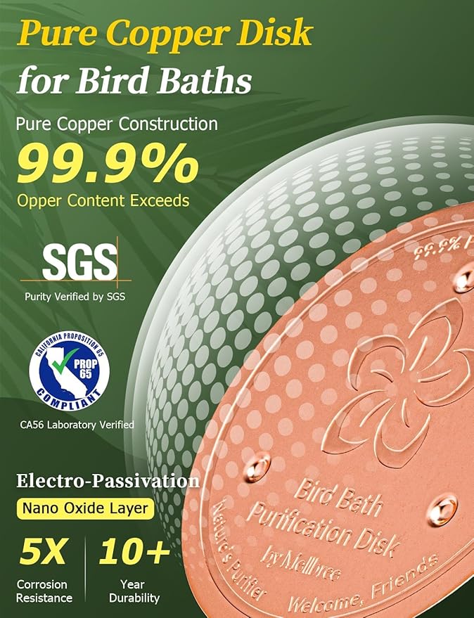 Mellbree 4-Pack Bird Bath Copper Disk, 0.6mm Reinforced 99.99% Pure Copper Cleaning Disk with Triple-Point Support for Physical Safe Clean Water All-Season (Flower)