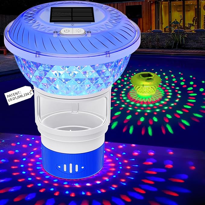 Solar Pool Chlorine Floater,Chlorine Floater with Colorful Lights,Button Control Floating Pool Chlorines Dispenser,Adjustable Release & Easy Opening,Solar chlorines floaters for Hot Tub,Blue