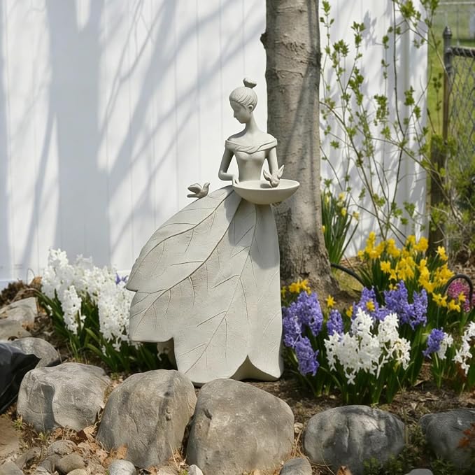 Fairy Garden Statue Bird Feeder - 23-inch Large Sculpture for Outdoors Statues Bird-Bath Yard Decorations Fairy Garden Statue Grey White DiliComing