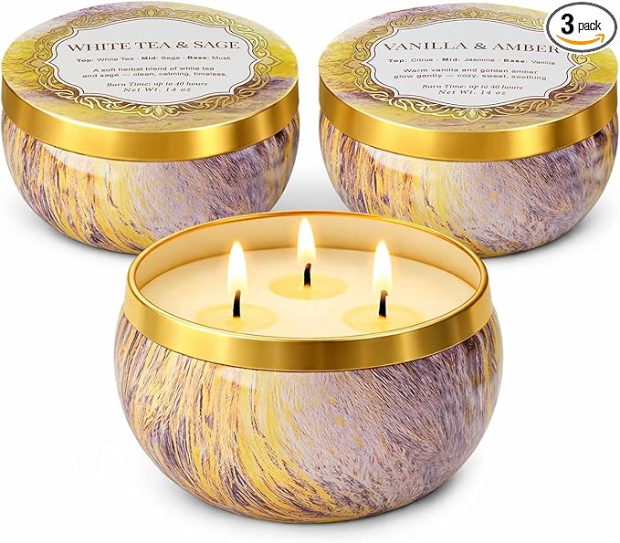 YMing 3-Wick Candle Gift Set, 3 Pack, 14 oz Each, Scented Candles for Home, White Tea & Sage, Vanilla & Amber, Cashmere Cedar