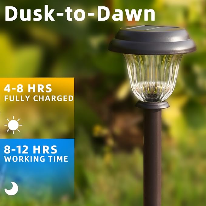 DERAYSION 8 Pack Solar Lights Outdoor, Stainless Steel Glass Solar Pathway Lights, Auto On/Off Long-Lasting Waterproof Garden Lights for Landscape, Path, Yard, Driveway, Walkway Decor (Warm White)