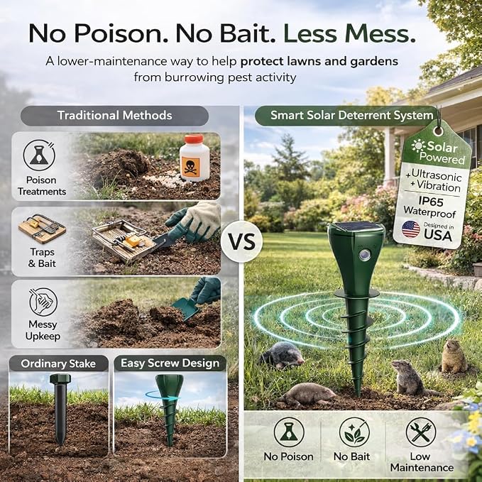 Solar Powered Mole Repellent Stakes, Ultrasonic & Vibration Deterrent for Moles, Gophers & Voles, IP65 Waterproof Outdoor Pest Repeller for Yard, Lawn & Garden, 4 Pack