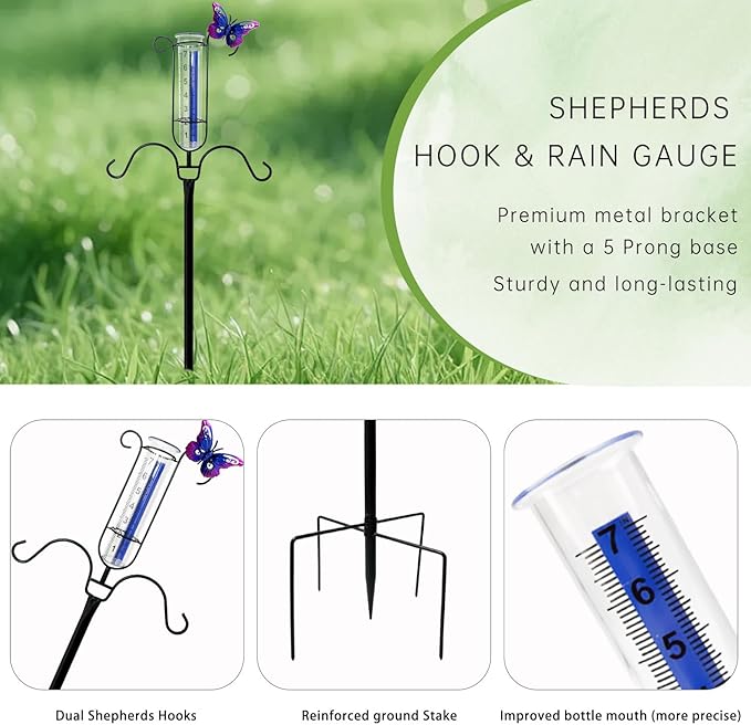 61" Shepherds Hook with Rain Gauge Outdoor, 3/4 Inch Thick Bird Feeder Pole with 5-Prong Base, Metal Rain Gauge Stake with Blue Stripe & Large Numbers, Tall Shepherds Hooks for Yard Garden Decor