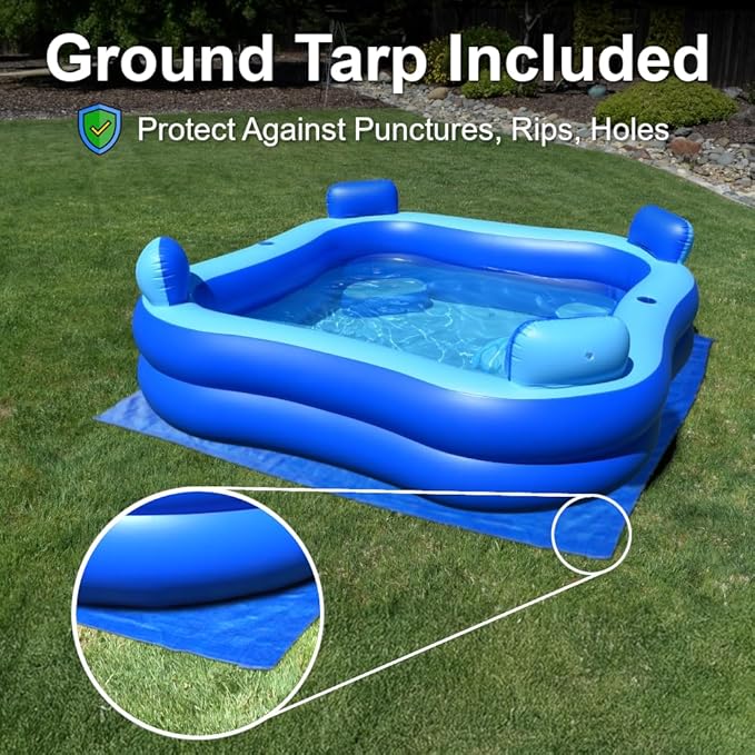 Inflatable Pool w/Seats & Headrests, 8ft x 8ft, Comes with Electric Pump and Ground Tarp Included - Fast Setup and Reinforced Seams