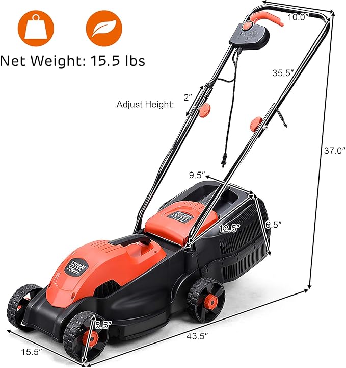 Happygrill Lawn Mower 13-Inch Electric Lawn Mower, Handle Push Corded Lawn Mowers with Grass Bag, Folding Handle, Adjustable Cutting Height for Garden Yard, 12 Amp,Red