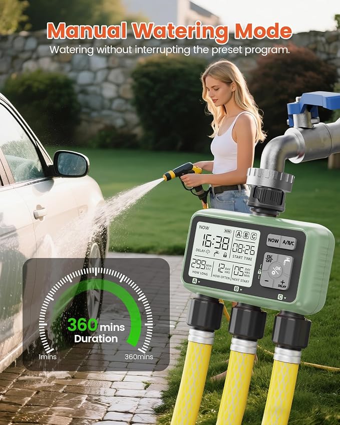 Sprinkler Timer 3 Zone Water Timer for Garden Hose Programmable Outdoor Hose Faucet Controller with Rain Delay Manual and Automatic Irrigation Controller System Low Battery Warning for Lawn Yard