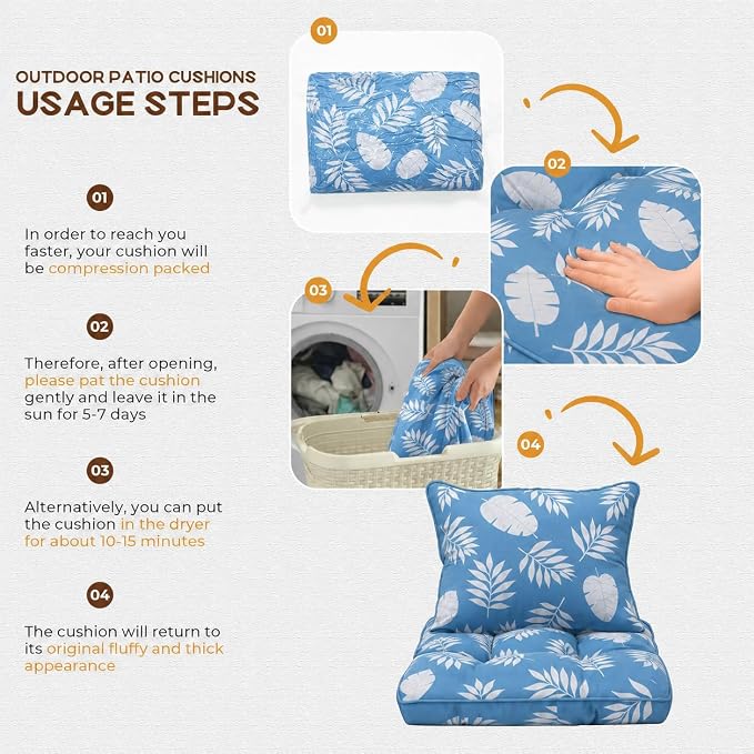22x22 Waterproof Outdoor Chair Cushions Set of 2, Patio Cushions for Outdoor Furniture Water-Resistant & Fade-Resistant, Deep Seat & Back Cushion for Wicker Sofa (Blue Leaf)
