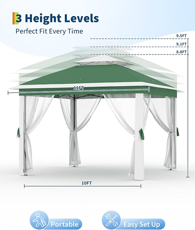 GarveeLife 11'x11 Pop-Up Gazebo, Instant Outdoor Canopy Tent with Mosquito Nettings, Durable Steel Frame, Water, and UV Proof, for Patio, Garden, Courtyard, Party (Green)
