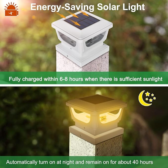 Sumaote Solar Post Caps Lights for 3x3 Metal/Vinyl & 4x4 Wood Posts, IP65 Waterproof, 120 Lumen 3000K Warm White LED Lighting for Garden, Fence, Deck and Mailbox, Dusk-to-Dawn,White Shell (2 Pack)