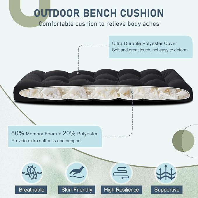 downluxe Outdoor Bench Cushion for Patio Furniture, Water Resistant Tufted Overstuffed Porch Swing Cushions, Thick Outdoor Loveseat Cushions, 59" x 18" x 5", Black, Set of 1