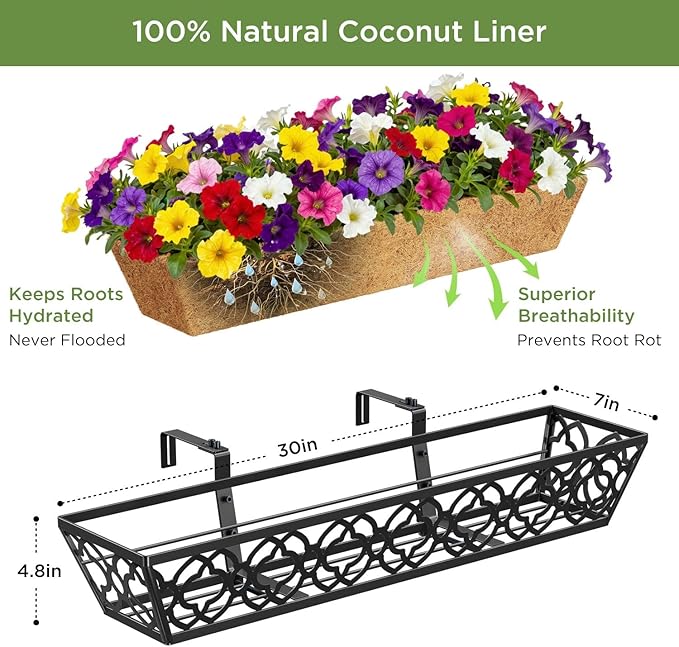 2 Pack 30 Inch Railing Planter Box with Coco Liner, Adjustable Metal Window Box Planter for Balcony Deck Fence, Hanging Flower Basket for Outdoor Garden, Black