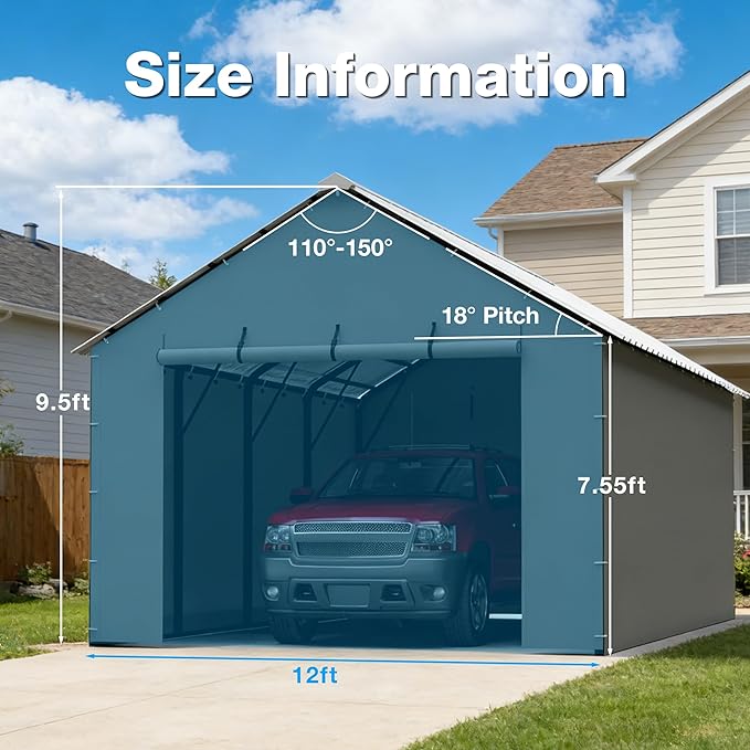 Metal Carport Replacement Sidewalls for 12x20ft Metal Carport, Heavy Duty PE Tarp Waterproof UV Resistant, Roll Up Door Panels with Bungee Balls & Steel Ropes，Gray(Frame Not Included)