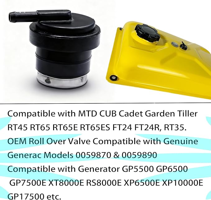 DVBB Roll Over Valve 15150-YGK0110-00A0 on Fuel Tank Compatible with Champion 3500~6250 Watts 212cc 224cc 7500-Watt Dual Fuel,Compatible with Generac GP5500 GP6500 Generator Gas Fuel Tank Vent Valve
