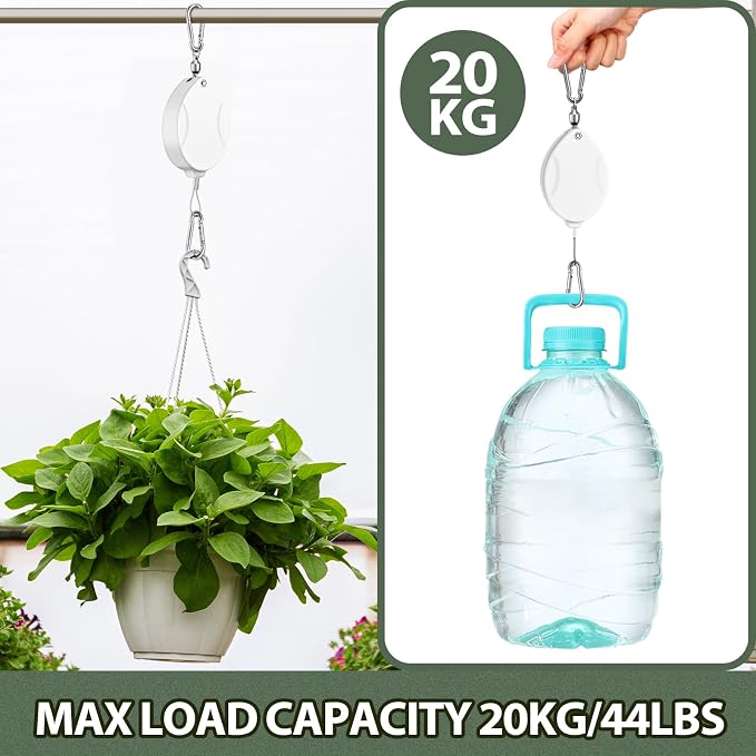 Leinuosen 4 Pack Upgraded Plant Pulleys for Hanging Plants Heavy Duty Retractable Plant Hanger, 304 Stainless Steel Rope Adjustable Climbing Hook for Garden Baskets Pots, Birds Feeder (White)