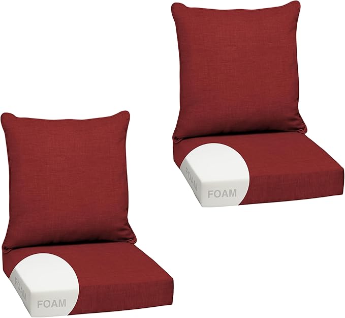 Arden Outdoor Foam Deep Seat Cushion Set (2-Pack), 24x24, Premium High-Density Foam, Never Flattens, Weather-Proof for Patio Chair Sofa Couch, Ruby Red Leala