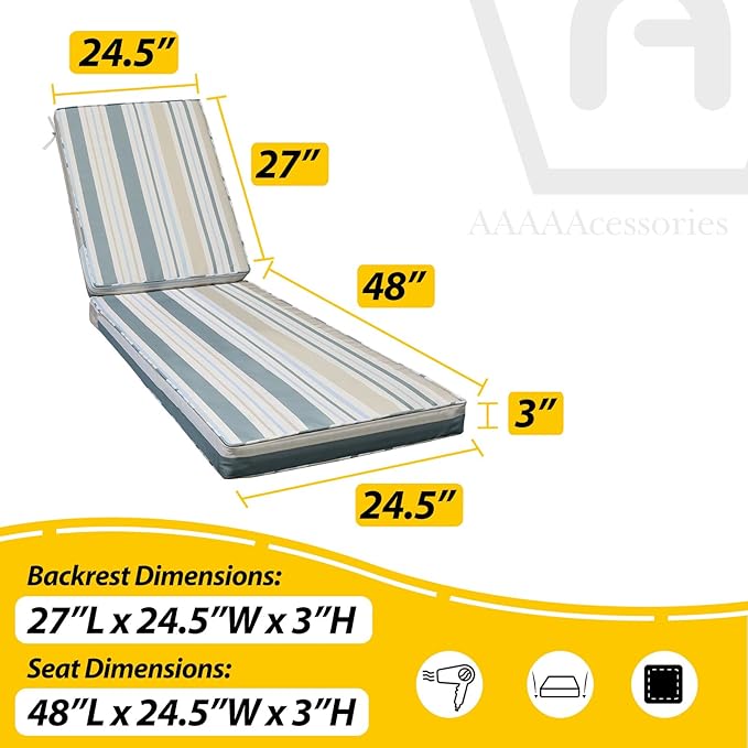 AAAAAcessories Outdoor Chaise Lounge Cushions, Fade-Resistant, Waterproof Patio Furniture Replacement Cushions, 75" x 24.5" x 3", Slate Gray Blue Coastal Stripe