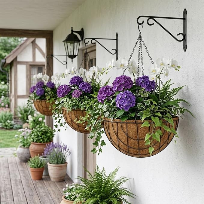 14 Inch Metal Hanging Basket with Coco Coir Liner for Flowers Planting, 4 Pack Hanging Baskets for Plants Outdoor, Mesh Grid Round Wire Planters with Chain for Home Patio Porch Balcony Garden Decor