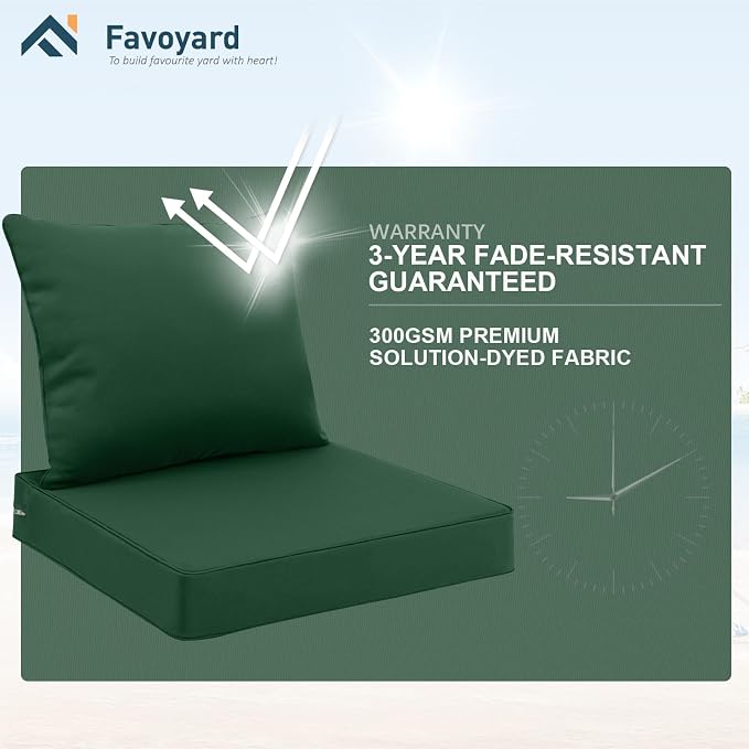 Favoyard Outdoor Patio Seat Cushion Set, 24x24 Inch, Water & Fade Resistant | Removable Cover Patio Furniture Cushion, Deep Seat & Back Cushion, Tie Straps Pads for Chair, Sofa, Couch, Dark Green
