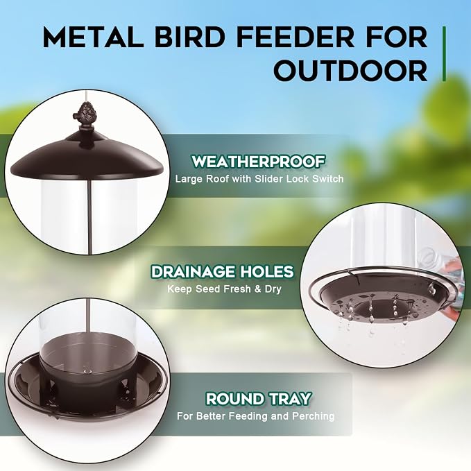 Gbekery Metal Bird Feeders for Outdoors Hanging, Weather Resistant Wild Bird Feeder with 360 Degree Feeding Tray, Brown