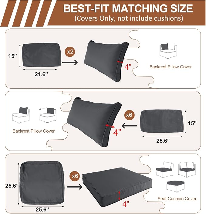 14 Piece Outdoor Patio Cushion Covers Replacement, Waterproof Outdoor Furniture Cushion Covers, Fit 7 Pcs 6 Seater Wicker Rattan Conversation Sofa Set,Dark Gray(Only Cover) 25.6x25.6in