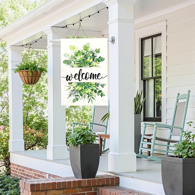 Welcome Garden Flag Spring Large Summer Greenery Watercolor Eucalyptus Leaves House Banner Seasonal Rustic Farmhouse Hosta Fragrant Plantain Yard Flags for Porch Patio Home Decor 28 x 40 Inch